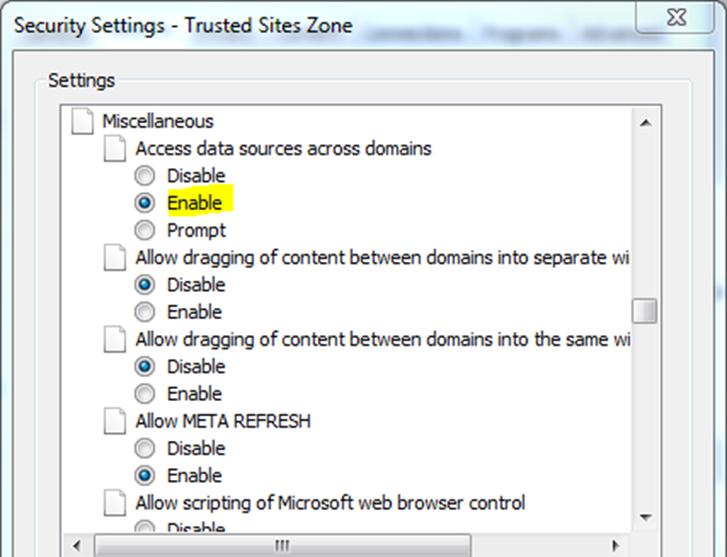 Access data sources across domains selected and highlighted under miscellaneous